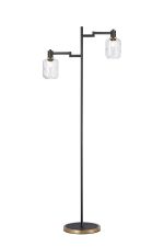 Erdi Swing Arm Floor Lamp 2 Light E14, Brass/Satin Black/Clear Twisted Cylinder Glass