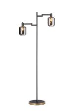 Erdi Swing Arm Floor Lamp 2 Light E14, Brass/Satin Black/Smoke Twisted Cylinder Glass