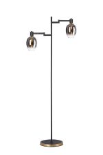 Erdi Swing Arm Floor Lamp 2 Light E14, Brass/Satin Black/Smoke Fade Wine Glass Glass