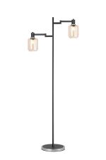 Erdi Swing Arm Floor Lamp 2 Light E14, Satin Nickel/Satin Black/Amber Striped Cylinder Glass