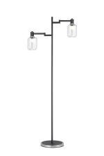 Erdi Swing Arm Floor Lamp 2 Light E14, Satin Nickel/Satin Black/Clear Striped Cylinder Glass