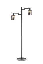 Erdi Swing Arm Floor Lamp 2 Light E14, Satin Nickel/Satin Black/Smoke Striped Cylinder Glass