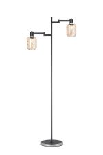 Erdi Swing Arm Floor Lamp 2 Light E14, Satin Nickel/Satin Black/Amber Twisted Cylinder Glass