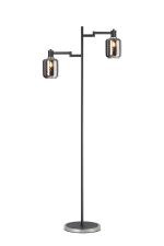 Erdi Swing Arm Floor Lamp 2 Light E14, Satin Nickel/Satin Black/Smoke Twisted Cylinder Glass