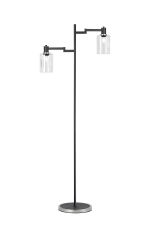Erdi Swing Arm Floor Lamp 2 Light E14, Satin Nickel/Satin Black/Clear Uniform Dimple Cylinder Glass