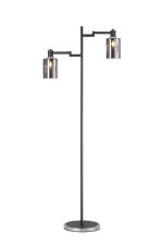 Erdi Swing Arm Floor Lamp 2 Light E14, Satin Nickel/Satin Black/Smoke Uniform Dimple Cylinder Glass