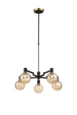 Erdi Swing Arm Telescopic Pendant, 5 Light E14, Brass/Satin Black/Amber Plated Round Segment Glass