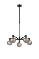 Erdi Swing Arm Telescopic Pendant, 5 Light E14, Satin Nickel/Satin Black/Smoke Plated Round Segment Glass