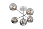 Gana Semi Flush Ceiling Tiered Adjustable Arms, 5 Light G9, IP44, Polished Chrome/Smoke Ribbed Round Glass