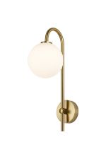 Gana Curved Arm Wall Light, 1 Light G9, IP44, Brass Gold/Opal Smooth Round Glass