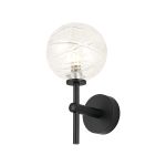 Gana Medium Arm Wall Light, 1 Light G9, IP44, Satin Black/Clear Dune Effect Round Glass