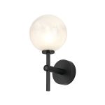 Gana Medium Arm Wall Light, 1 Light G9, IP44, Satin Black/White/Clear Two-Tone Snow Specks Round Glass