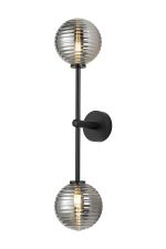 Gana Tall Arm Wall Light, 2 Light G9, IP44, Satin Black/Smoke Ribbed Round Glass