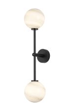 Gana Tall Arm Wall Light, 2 Light G9, IP44, Satin Black/Grey Round Marble Effect Glass