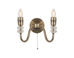 Lexo Wall Lamp Pull Switch (FRAME ONLY) Without Shade, 2 Light E27, Antique Brass/Clear Crystal
