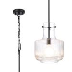 Romano Fluted Ribbed Glass Pendant, 1 x E27, Satin Black/Clear Glass