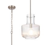 Romano Fluted Ribbed Glass Pendant, 1 x E27, Satin Nickel/Clear Glass