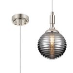 Notte 12cm Pendant, 1 Light G9, IP44, Polished Nickel/Smoke Ribbed Round Glass