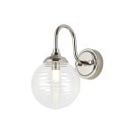 Notte Curved Arm Wall Light, 1 Light G9, IP44, Polished Nickel/Clear Ribbed Round Glass