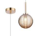 Gana 12cm Adjustable Pendant, 1 Light G9, IP44, Brass Gold/Amber Ribbed Round Glass