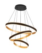 Chiara 3 Tier 80+60+40cm Round Pendant, 180W LED, R/Cntrl Tuneable White 3000-6000K, 9000lm, Black Faux Leather/Brushed Gold, 3yrs Wrnty
