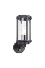 Faro Cylinder Wall Lamp With PIR Sensor, 1 x E27, IP44, Matt Black/Clear, 2yrs Warranty