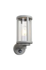 Faro Cylinder Wall Lamp With PIR Sensor, 1 x E27, IP44, Matt Silver/Clear, 2yrs Warranty
