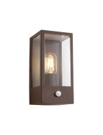 Faro Rectangular Case Wall Lamp With PIR Sensor, 1 x E27, IP44, Dark Brown/Clear, 2yrs Warranty