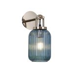 Urasawa Wall Light Switched, 1 x E27, Polished Nickel With 14cm Tubular Ribbed Glass, Petrol Blue
