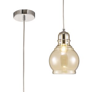 Ariel Single Small Pendant 1 Light E27 Polished Chrome/Cognac Glass