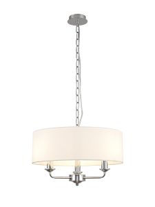 Banyan 3 Light Multi Arm Pendant, With 1.5m Chain, E14 Polished Chrome With 45cm x 15cm Faux Silk Shade, White