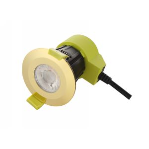 Bazi, 10W, 350mA, Polished Brass, Dimmable LED Fire Rated Downlight, Cut Out: 70mm, 760lm, 38° Deg, 2700K, IP65, DRIVER INC., 5yrs Warranty