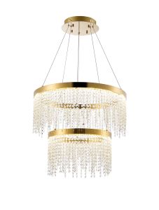 Bano 61.5cm Round 2 Tier Dimmable Pendant 47W LED, 4000K, 4700lm, French Gold / Crystal Chain, 3yrs Warranty