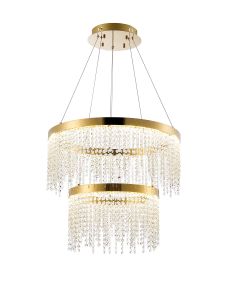 Bano Round 2 Tier Dimmable Pendant 47W LED, 4000K, 4700lm, French Gold / Crystal Chain, 3yrs Warranty