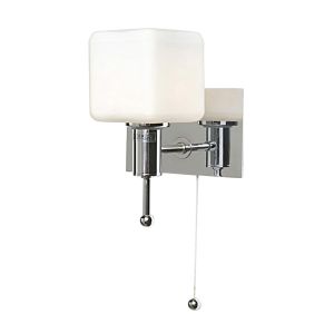 IP44 Cube Wall Lamp With Pull-Cord Switch 1 Light Polished Chrome/Opal Glass