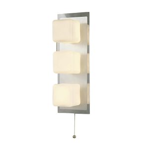 IP44 Cube Wall Lamp With Pull-Cord Switch 3 Light G9 Polished Chrome & Aluminium/Opal Glass