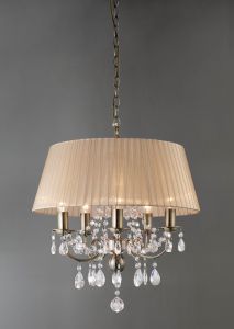 Olivia Pendant With Soft Bronze Shade 5 Light E14 Antique Brass/Crystal