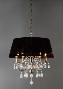 Olivia 50cm Pendant With Black Shade 5 Light E14 Antique Brass/Crystal