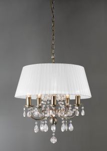 Olivia 50cm Pendant With White Shade 5 Light E14 Antique Brass/Crystal