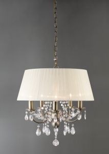 Olivia 50cm Pendant With Ivory Cream Shade 5 Light E14 Antique Brass/Crystal