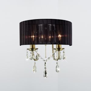 Olivia Wall Lamp Switched With Black Shade 2 Light E14 Antique Brass/Crystal