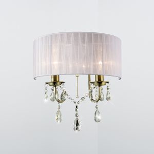 Olivia Wall Lamp Switched With White Shade 2 Light E14 Antique Brass/Crystal