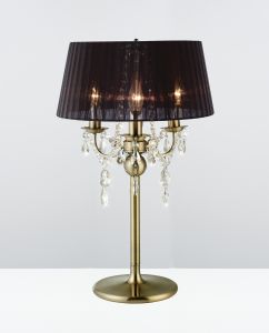 Olivia Table Lamp With Black Shade 3 Light E14 Antique Brass/Crystal