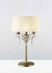 Olivia Table Lamp With Cream Shade 3 Light E14 Antique Brass/Crystal