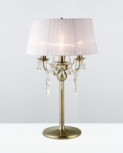 Olivia Table Lamp With White Shade 3 Light E14 Antique Brass/Crystal