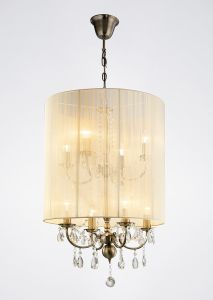 Ella 50cm Pendant With Ivory Cream Shade 8 Light E14 Antique Brass/Crystal