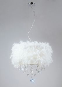 Ibis Pendant With White Feather Shade 3 Light E14 Polished Chrome/Crystal