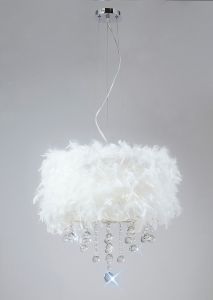 Ibis 35cm Pendant With White Feather Shade 3 Light E14 Polished Chrome/Crystal