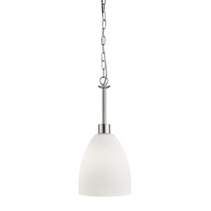 Cromwell 1 Light Pendant, Satin Silver With White Glass