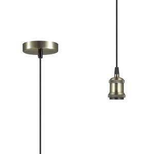 Dreifa 1.5m Single Pendant, 1 x E27, Antique Brass/Antique Base and Black Braided Cable (Maximum Load 1.5kg)